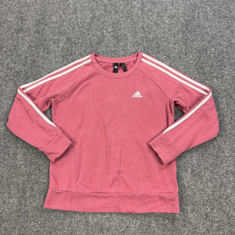 Adidas Sweatshirt Womens M Pink Crewneck Fleece Pullover 3 Stripe Logo Athletic